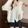 Cardigan Tricotado Feminino Novo para Outono e Inverno, Doce e Suave, com Zíper Duplo, Estilo Coreano, Estilo Preguiçoso, Jaqueta Suéter com Gola de Pelo