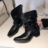 Botines vaqueros western plisados negros para mujer, estilo coreano, nuevos para primavera/otoño, botines sencillos, corte en V, remaches, punta fina, tacón grueso, Botas Martin