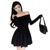 Vestido Elegante de Cor Sólida com Franzidos, Ombro a Ombro, Manga Longa, Estilo Francês para Mulheres, Primavera e Outono, Curto com Cintura Marcada e Volume, Transfronteiriço