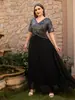 21913 Vestido de Chifón con Parches de Lentejuelas Doble Escote en V para Mujer Tallas Grandes Europeo y Americano Nuevo Modelo para Bodas Damas de Honor
