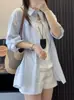 Camisa de linho roxa chique e bonita para mulheres, camisa de algodão-linho solta de verão com proteção solar de manga comprida, um top muito estiloso e etéreo