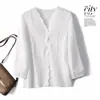 Camisa Bordada Exquisita de Estilo Japonés, Suave y Amigable con la Piel, de Gama Alta, Manga de Siete Puntos, Verano, Hueca, Camiseta de Manga Corta, Top de Moda para Mujer