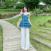 Top Floral com Gola Halter Sem Mangas para Mulheres, Caimento Solto, Emagrecedor, Camisole Floral, Calça Branca Longa, Outras Peças de Exterior