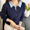 Nuevo estilo de primavera cárdigan de algodón puro estilo dos piezas falsas con cuello POLO, suéter de punto trenzado con bloques de color, chaqueta de punto holgada estilo coreano para mujer