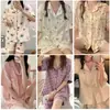 Nuevo Conjunto de Pijama de Cardigan con Solapa Estampado para Mujer de Manga Corta Casual Cocktails