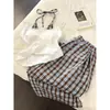 Pijama de Alcinha Falso Duas Peças com Bojo para Mulheres, Novo Estilo de Verão, Pode Ser Usado ao Ar Livre, Calça Longa Xadrez, Roupa de Casa, Conjunto Plus Size