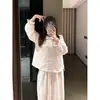 Conjunto de Pijama Feminino Delicado com Bolinhas e Lapela para Mulheres, Outono Plus Size Cardigan Calça Solto Roupa de Casa Pode Ser Usado ao Ar Livre