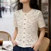 Doce Versátil Francês Verão 2026 Nova Roupa Feminina Branca Vazada Gola Redonda Manga Curta Camisa Top