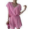 Chique Coreano Casual Gola V Manga Curta Malha Top Feminino + Conjunto de Shorts com Cordão Moda Feminina de Verão Conjunto de Duas Peças