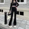 Jeans de moda estilo coreano de cintura alta en forma de herradura para mujer, pantalones rectos ajustados elásticos, pantalones pequeños de pierna recta ligeramente acampanados para mujer