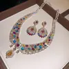 Collar con colgante redondo de perla de circón bañado en oro real de 18k, aretes estilo palacio, conjunto de joyería de lujo ligero de alta gama