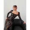 Vestido Largo de Encaje para Mujer Romántico y Elegante de Cuadrado con Ribete de Encaje de Manga Larga Ajustado