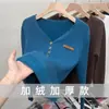 Suéter Grueso con Forro de Polar y Cuello en V para Mujer, Camiseta Básica Popular, Nuevo y Elegante Top de Punto Cálido para Otoño e Invierno