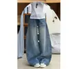Jeans Azul Claro de Cintura Alta Wide Leg Estilo Americano para Mulheres, Tendência Outono e Inverno Novos Calças Retas Soltas Bordadas de Comprimento Total Curvas