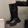 Botas de Cavaleiro de Solado Grosso Dupla Utilização para Mulheres 2025 Outono e Inverno Novas Botas Marrons Acima do Joelho Salto Grosso Efeito Emagrecedor Botas Dobráveis