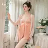 Chiffon Transparente Rosa Renda Borboleta Gravata Fenda Frontal Sexy Camisola Vestido de Noite Roupão Conjunto para Casa 7349