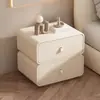 Mesa de cabeceira pequena moderna e minimalista para uso doméstico, feita de madeira maciça, cor creme, de alta qualidade, couro de luxo leve, com recursos de armazenamento e instalação