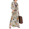 Vestido Camisa Longo Casual Simples Solto Tamanho Grande Manga Longa Bolso Estampado Gola Lapela Algodão e Linho Estilo Japonês e Coreano em Estoque