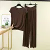Conjunto Moda Verão Fino Modal Decote V Sem Mangas Calça Casual Cintura Alta com Cordão Perna Larga Tamanho Grande Simples