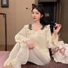 Pijama de seda helada para mujer, estilo francés, estilo palacio, de manga larga fina, con lazo de encaje, conjunto de dos piezas, primavera y otoño