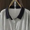 2026 Vintage Artístico Hilo de Algodón Azul Marino Manga Larga Nueva Camisa Gris Casual Holgada Blusa Top