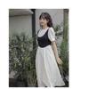 Vestido Doce e Puro Falso Duas Peças Manga Bufante para Mulheres, Design de Alta Qualidade, Saia Longa Feminina Tipo Maçã para o Verão