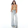 Calça Bootcut Azul Claro Lavado Estilo Americano para Mulheres Outono Inicial 2025 Nova Versátil Afinando a Silhueta Cintura Alta Jeans Retrô Calça Feminina
