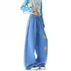 Pantalones de chándal con bloques de color y estampado de letras estilo americano, unisex, corte holgado y relajado, pantalones rectos de pierna ancha, pantalones largos atléticos casuales para otoño
