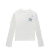 Camiseta azul marinho de gola redonda, ombro normal, manga longa para mulheres, novo estilo primavera e outono, com estampa de estrelas, corte justo, top estiloso para mulheres