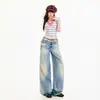 Jeans de pierna ancha para mujer transfronterizos, estilo americano, lavados y desgastados, hasta el suelo, azul vintage, pantalones largos, azul vintage, longitud extendida, Yichun
