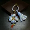Bolsa com Pingente de Trevo de Quatro Folhas Dupla Face em Brocado Song, Pingente para Chaveiro, Pingente para Carro, Estilo Chinês, Cabide para Broche Qipao