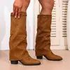 Novas botas femininas de cano médio para comércio exterior com saltos grossos, bico fino de salto alto, tamanho grande, botas longas