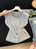 Elegancia Suave Estilo Francés Collar Resistente con Pedrería Top de Punto con Mangas Acampanadas para Mujer, Verano Diseño Irregular Versátil Top Adelgazante
