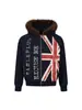 Sudadera con capucha y estampado de Union Jack desgastado estilo callejero americano de principios de otoño 2026 con cuello y capucha de pelo, Chaqueta cárdigan vintage, Moderna