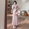 Elegante vestido largo de punto rosa para mujer, nuevo vestido interior de estilo francés para otoño e invierno