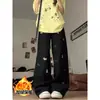 Jeans de pierna ancha de cintura alta para mujer con bordado de cachorro, otoño e invierno, forrados de polar, engrosados, holgados, adelgazantes, con caída, pierna recta, pantalones de largo hasta el suelo