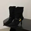 Botas da Moda Retrô Maillard Bico Fino Salto Fino Pregueadas Meio da Panturrilha Outono e Inverno Nova Moda Versátil Elásticas Slim para Mulheres