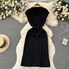 Vestido de verano para mujer con cordones en la cintura Adelgazante Elegante Vintage Cuello polo Falda de punto de longitud media Sin mangas Falda chaleco