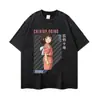 Camiseta de manga corta lavada con estampado estilo japonés y efecto desgastado, hombros caídos, cuello redondo, ropa casual de moda, comercio exterior