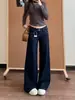 Jeans largo de cintura baixa estilo retrô americano para mulheres, novo estilo primavera e outono 2026, solto, com caimento, afina a silhueta, perna reta, calça comprida