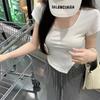 6535 Camiseta de Algodón Irregular de Manga Corta para Mujer Verano Estilo Coreano Estudiante Diseño Irregular Cuello U Color Sólido Top Básico