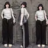 Traje Vintage Americano para Mujer Verano Nuevo Holgado Bordado con Letras Manga Corta Rayas Laterales Pantalones de Pierna Ancha Conjunto Casual de Dos Piezas