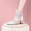 Sandalias de Verano con Tacón Alto Bordadas Talla Grande Grulla Blanca para Mujer Botas de Mujer con Tacón Grueso Hueco Malla de Encaje Versátil Lazo de Red