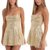 Moda Sexy de Tirantes Cruzados Transfronteriza Europea y Americana Primavera 2025 Nuevo Elegante Vestido de Color Liso con Lentejuelas