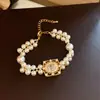 Pulseira de Rede Azul Dourada com Flor de Vidro Pérola Zircônia Brilhante Pulseira Elegante de Luxo Leve Joia de Mão Versátil da Moda