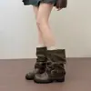 Botines Western Retro Plisados para Mujer 2026 Nuevo Estilo Otoño Botas de Caña de Pantalón Apiladas con Hebilla Botas de Montura Retro con Tacón Grueso