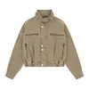 Chaqueta de mezclilla retro americana con cuello alto para trabajo para hombres y mujeres, nuevo estilo de otoño, de alta gama, holgada, chaqueta corta, top de moda
