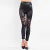 Pantalones de Cuero Sexys Nuevos Transfronterizos Pantalones Negros de Otoño Estilo Punk para Mujer Pantalones de Cuero Bordados con Encaje Pantalones de Nueve Puntos Empalmados