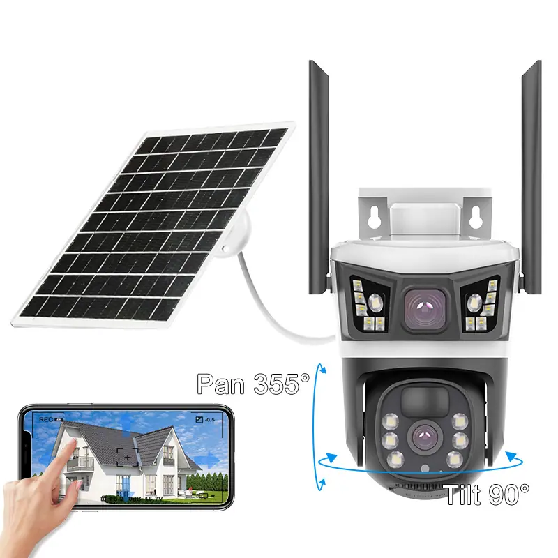 太阳能4G全景V380监控器无线手机远程室外双镜头枪球联动双