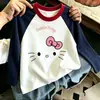 Camiseta de Manga Larga con Estampado de Dibujos Animados para Niñas, Estilo Nuevo de Primavera y Otoño, Tallas Medianas y Grandes para Niños, Elegante, Versátil, Casual, Bloque de Color, Patchwork, Camiseta Base
